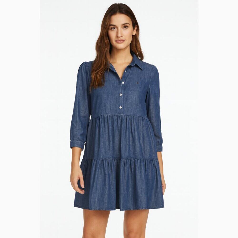 A448 • Chambray Tiered Button Front Shirt Mini Dress